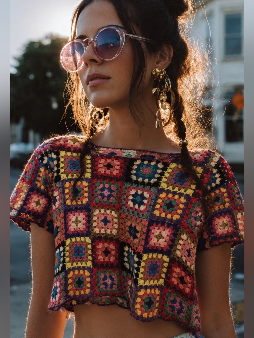 FARM Rio Multicolor Crochet Granny Square Patchwork Crop Top XS/S